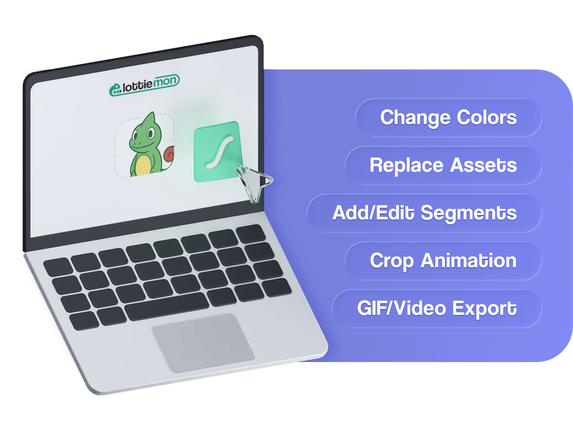 Lottiemon shown on a laptop with controls for changing colours, replacing assets, editing segments, cropping animation, and exporting GIF or video
