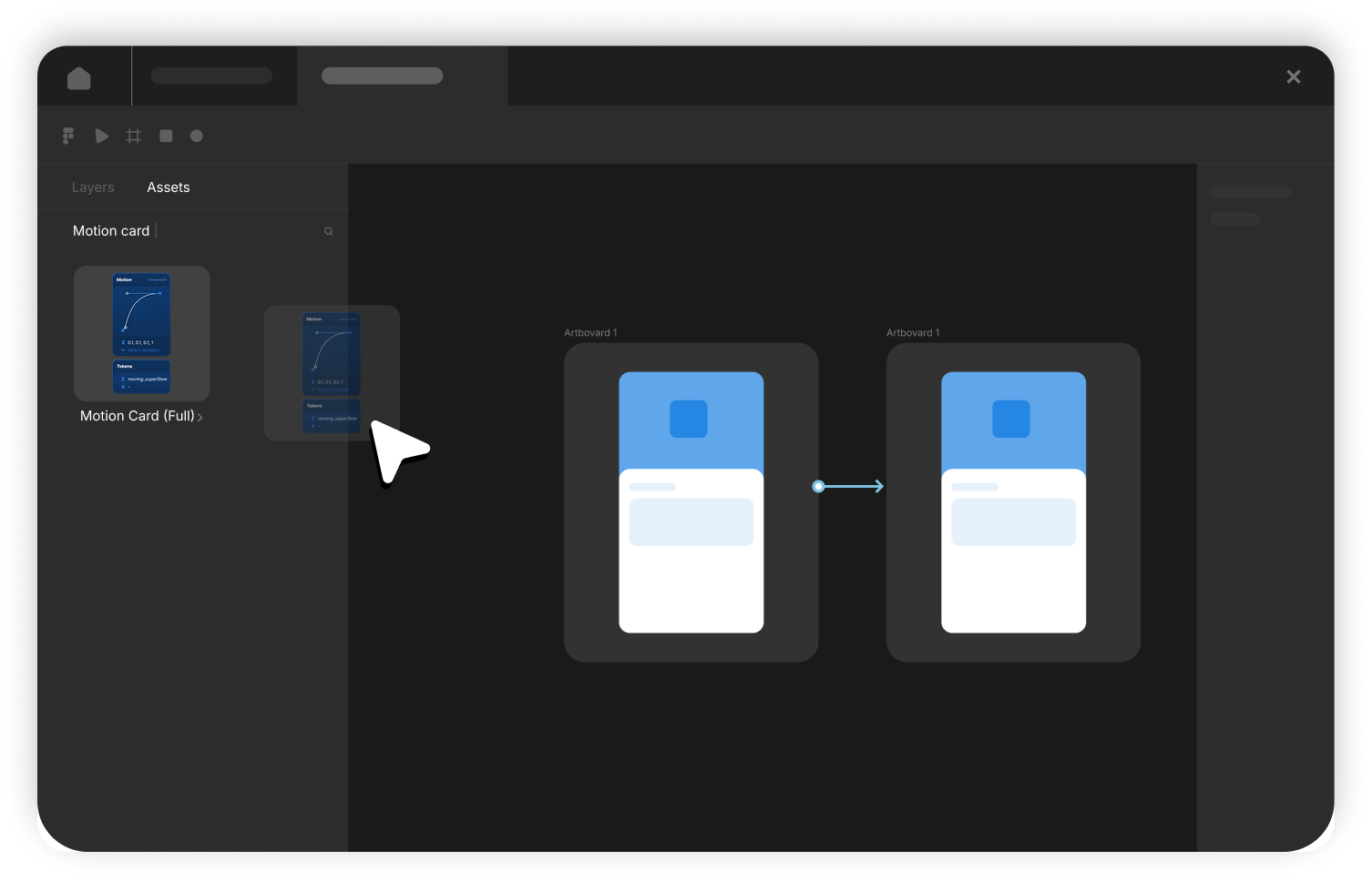 Figma Assets panel with Motion Card (Full) being dragged onto the canvas beside two artboards