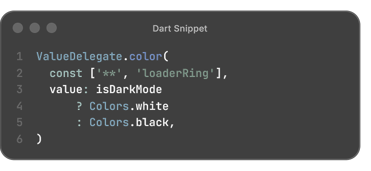 Dart snippet: ValueDelegate.color targets the layer named loaderRing and sets it to white or black depending on isDarkMode
