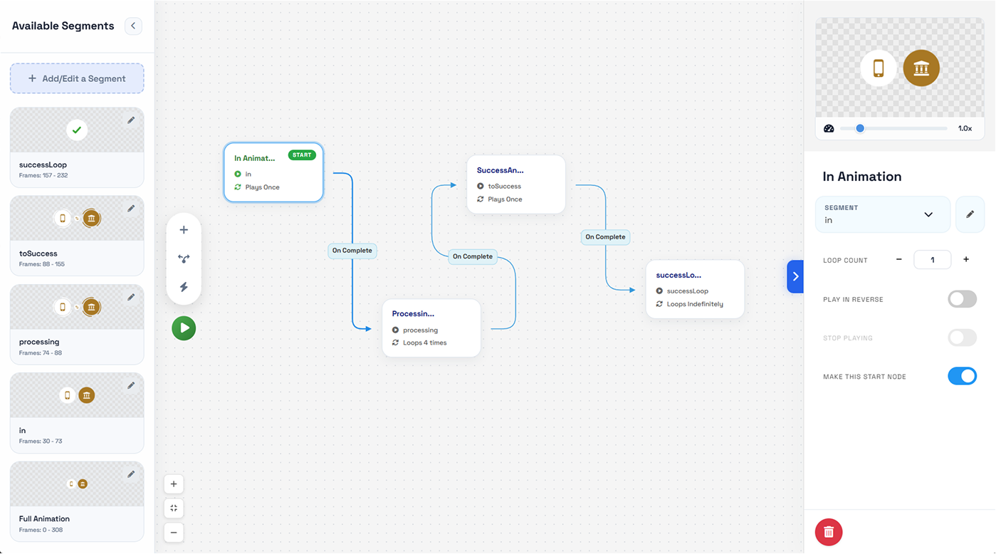 A state machine editor in Lottiemon: named segments in a sidebar, wired into a graph of states joined by On Complete transitions, with loop and reverse settings for the selected state