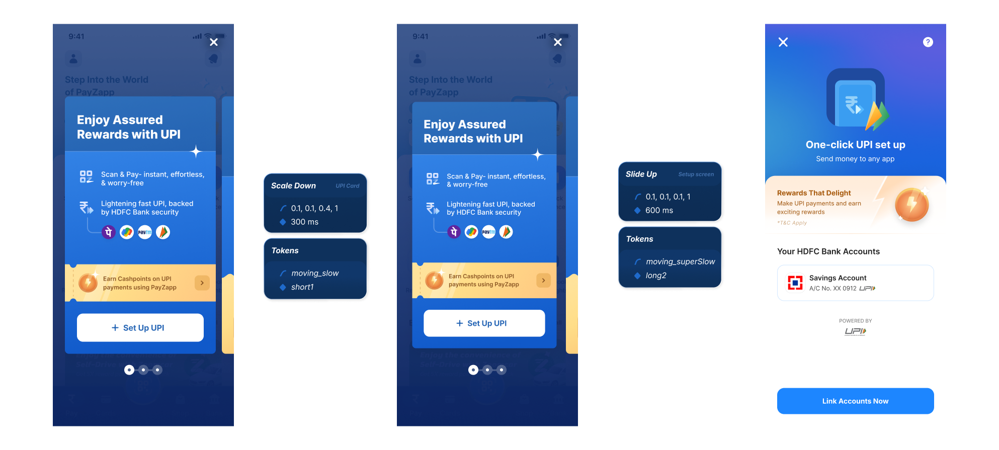 PayZapp UPI setup screens with interaction cards between them, specifying Scale Down for the UPI card and Slide Up for the setup screen, each with its easing and duration tokens